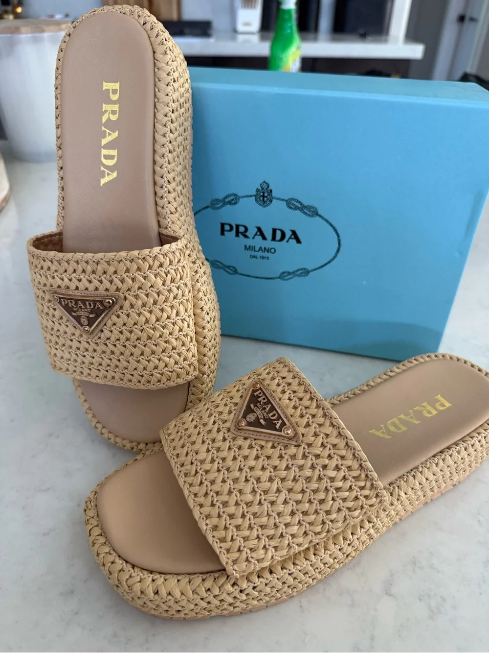 Beige Woven Slide Sandals